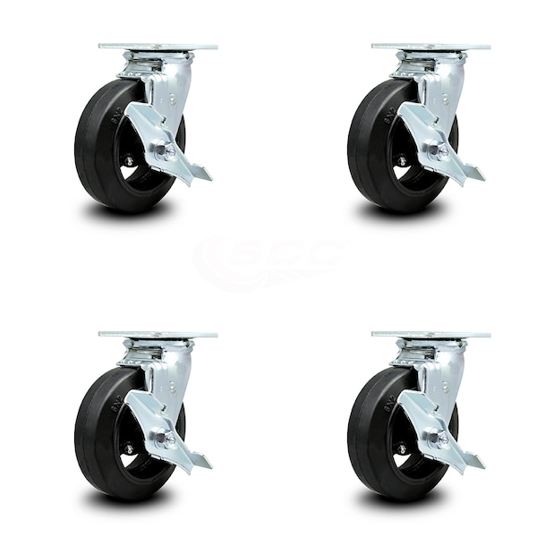 6 Inch Rubber on Steel Swivel Caster Set with Ball Bearings and Brakes SCC